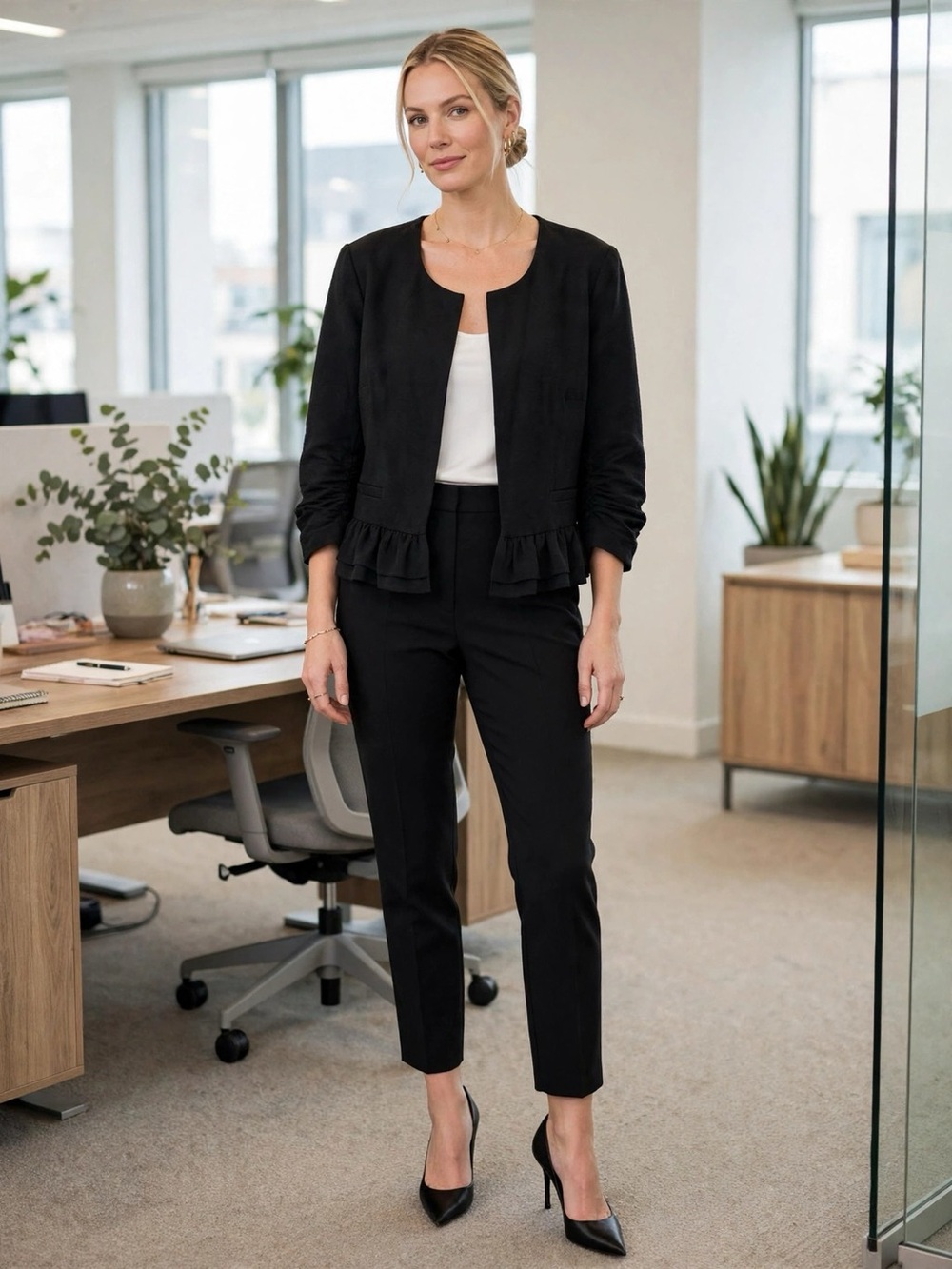 ELLE Black Peplum Blazer Cropped Front Ruffle Hem Ruched Sleeve Office Size M
